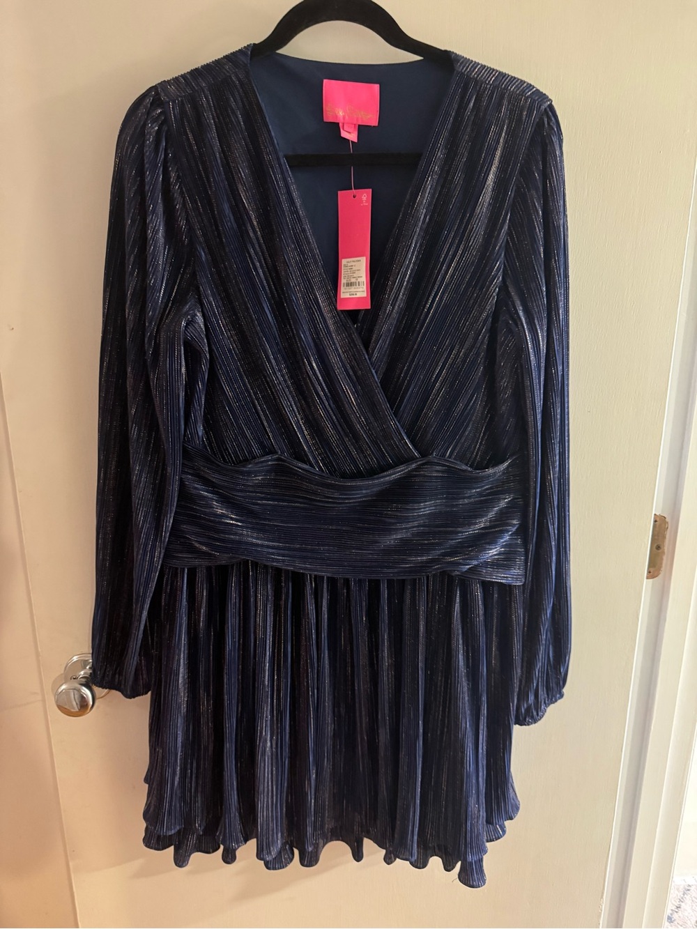 Lilly Pulitzer Navy Metallic Pleated Wrap Dress